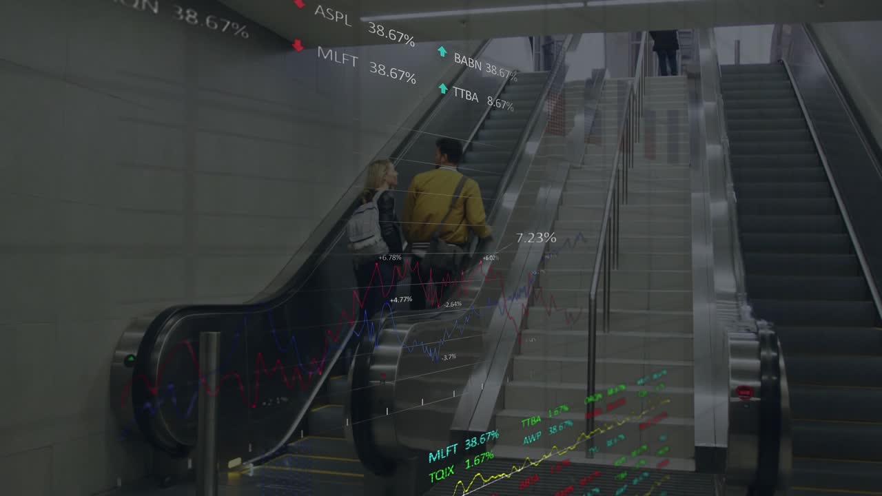 Woman stepping onto escalator man following holding rail ascending transit charts rising over scene