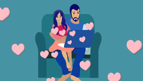 animation of heart shapes moving over couple with laptop sitting on sofa against blue background
