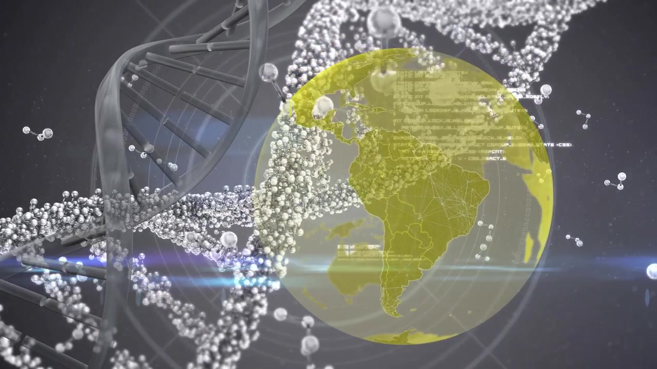 Animação de DNA, globo e processamento de dados em fundo cinza.