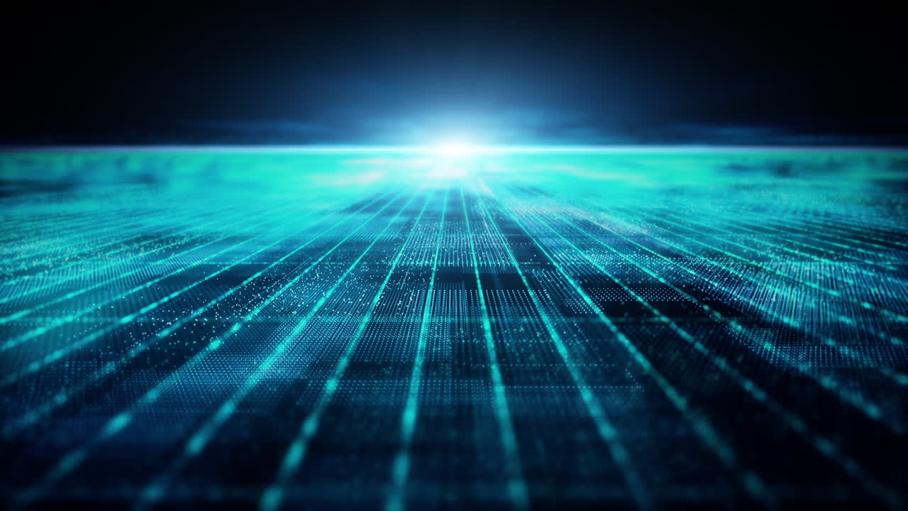 Immersive cyber space with captivating motion abstract matrix particles forming a mesmerizing grid amidst futuristic wonders