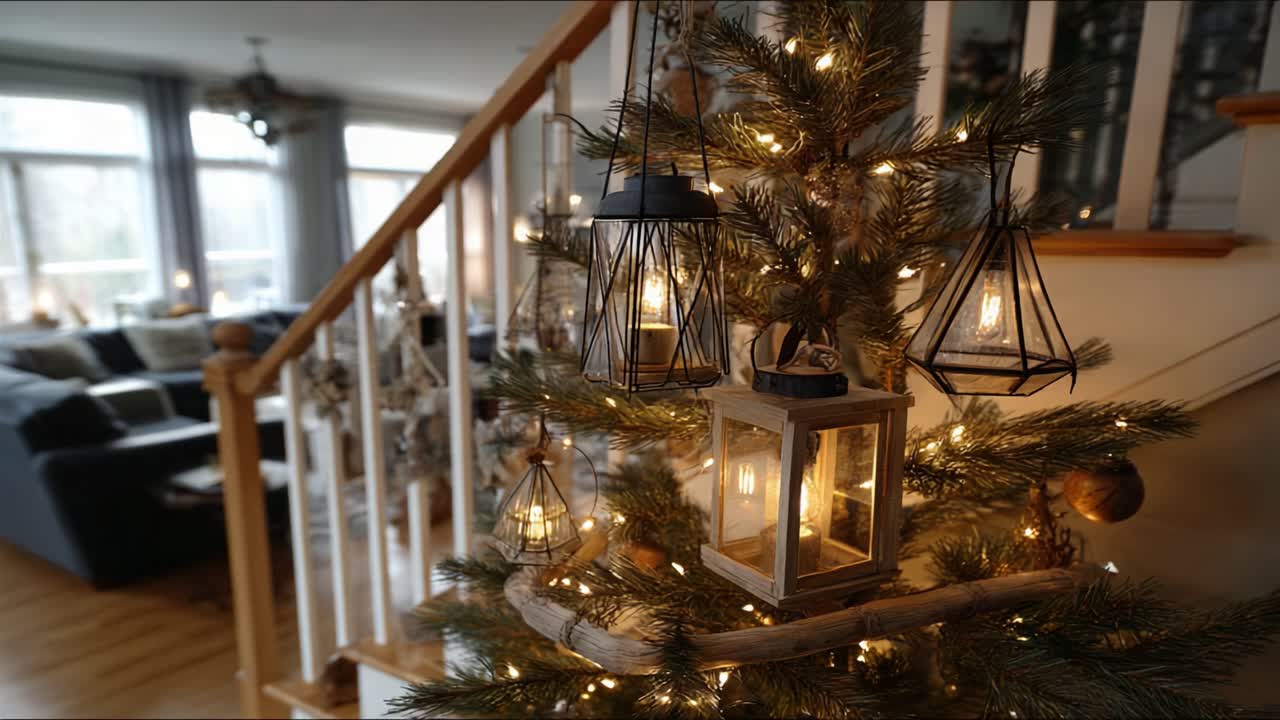 A Cozy Holiday Setting Featuring a Beautifully Decorated Christmas Tree Adorned with Soft Lighting and Charming Lanterns, Enhancing the Warmth of the Living Room