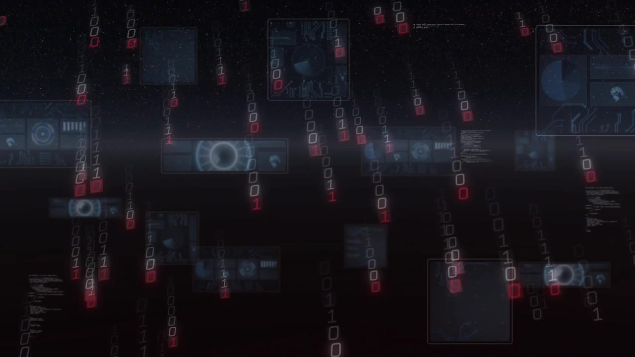 Center glow starting red-white tokens and HUD panels falling forming streams scanning showing data