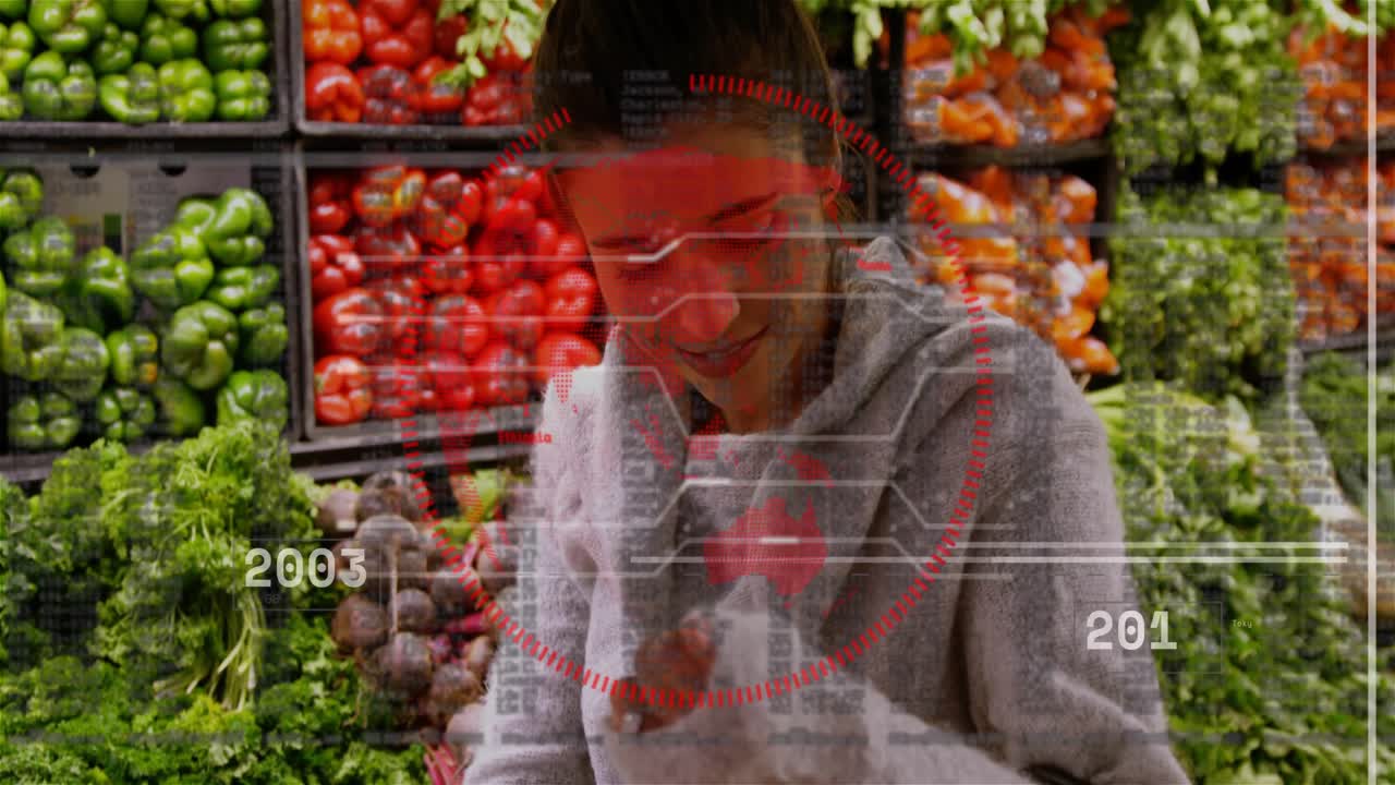 Female shopper reaching, selecting green pepper, checking produce while red HUD overlaying years