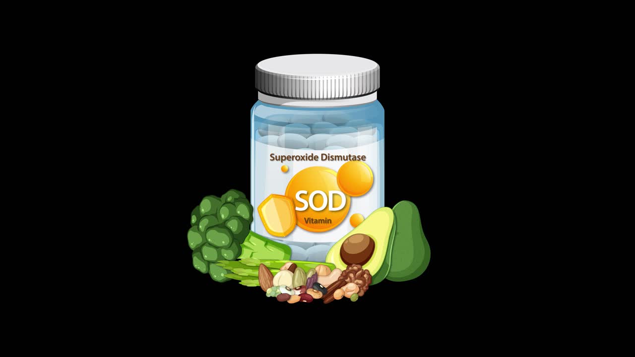 Vitamin supplement bottle gradually surrounded by assorted antioxidant-rich foods on a black background