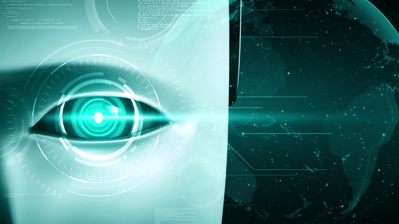 cara de robot hominoide de cerca con concepto gráfico de análisis de grandes datos