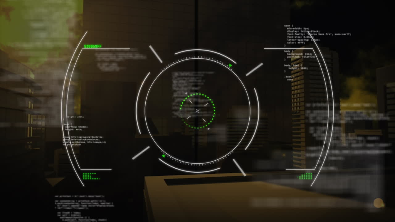 Animation of scope scanning and data processing over cityscape