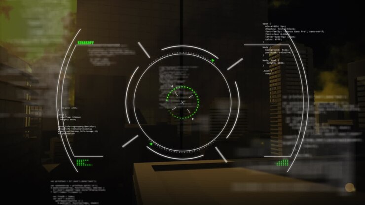 Animation of scope scanning and data processing over cityscape
