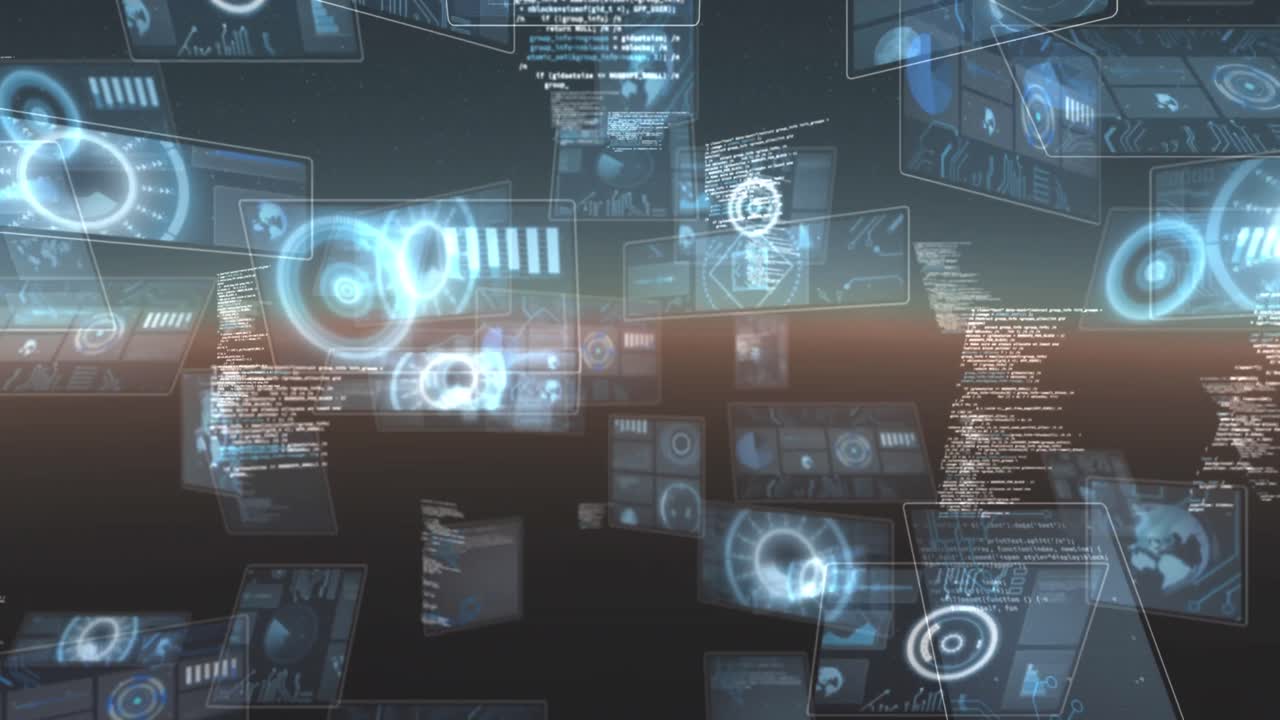 Animation of green loading strip over screens with data processing