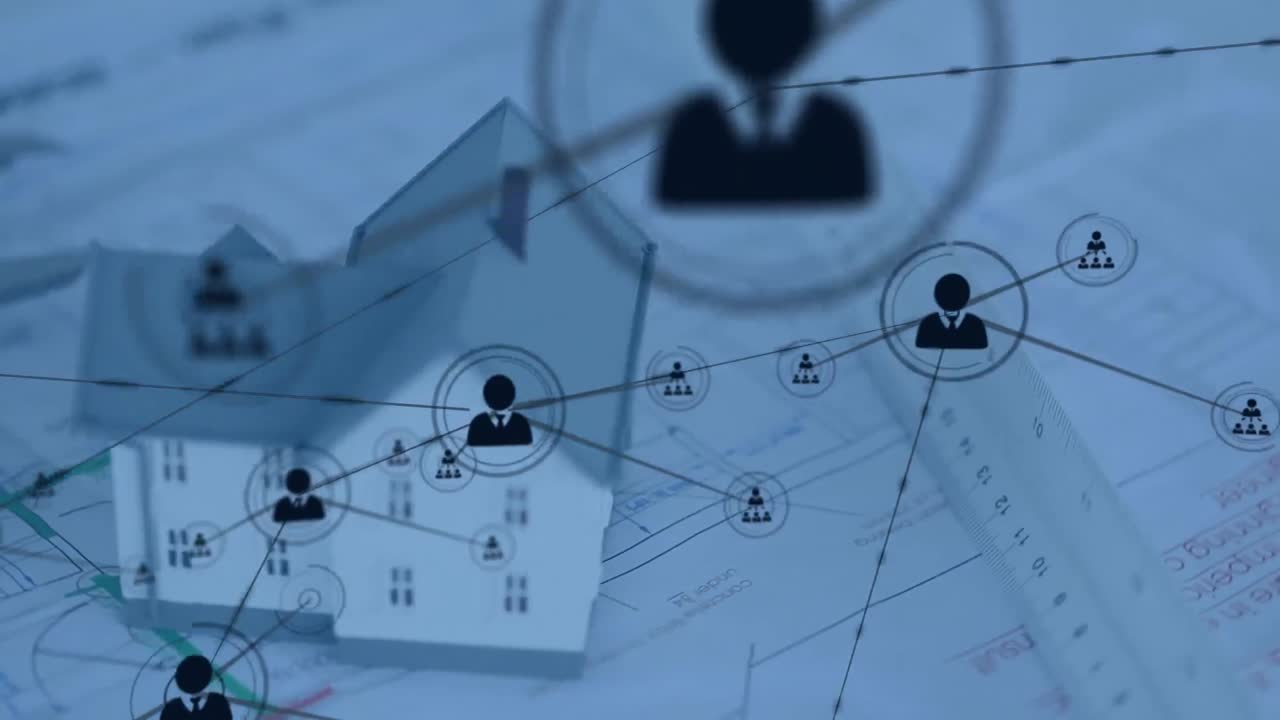 집 모델과 도면 위의 아이콘과 연결 네트워크의 애니메이션