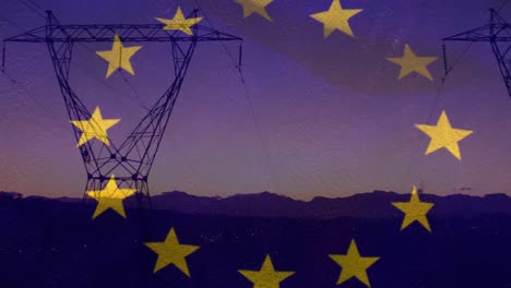 animation of european union flag over electricity pylons in field at sunset