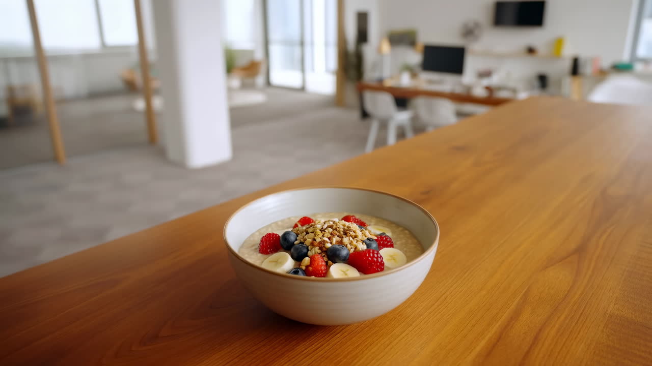 Ciotola di porridge salutare con frutti di bosco freschi e banana su un tavolo di legno.