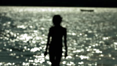 defocused shoot of siluette of woman standing against lake on sunny weather