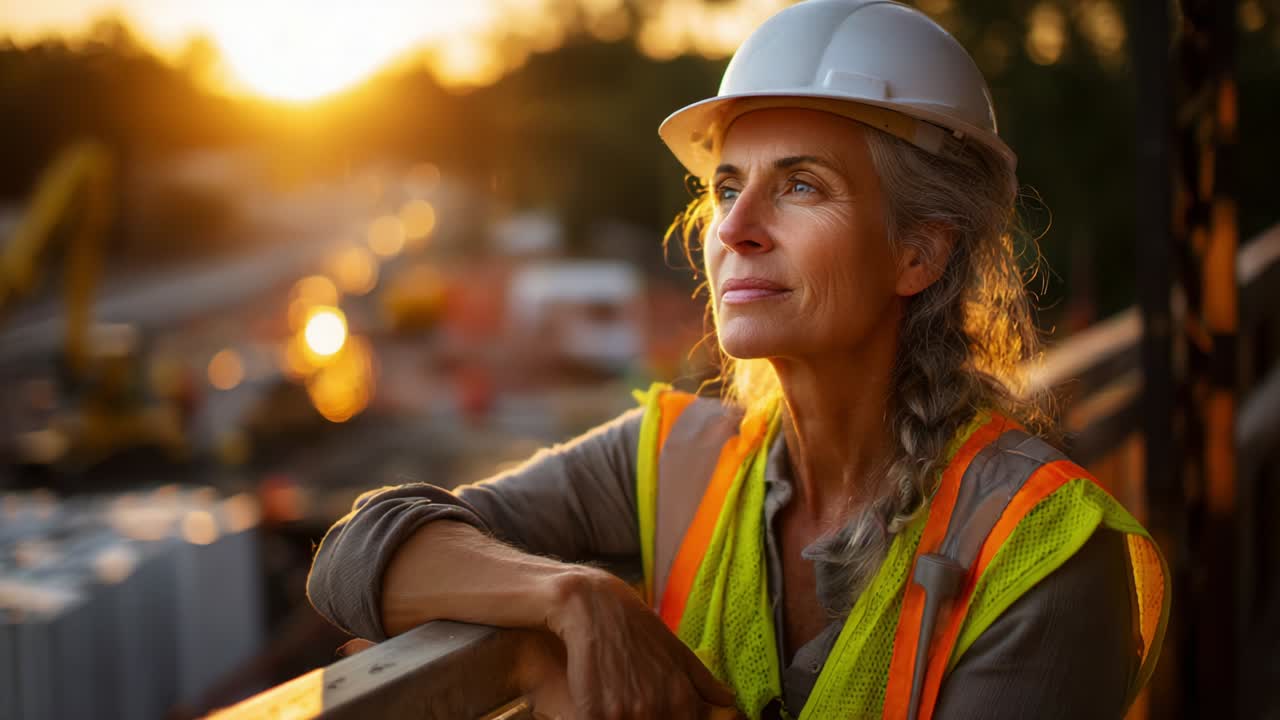 A contemplative construction worker gazes into the horizon at sunset, reflecting on the day's work while wearing a hard hat and safety gear, embodying resilience and determination in her profession