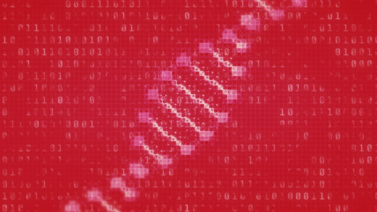 은 배경에서 회전하는 dna 구조에 대한 이진 코딩 데이터 처리의 애니메이션