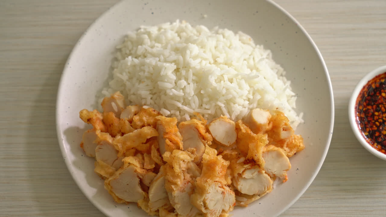 pollo frito cubierto de arroz con salsa picante