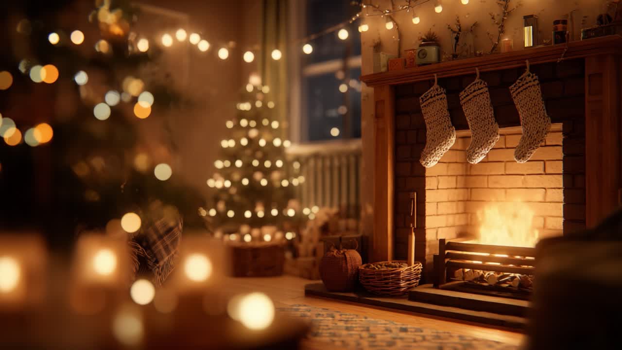 A Cozy Holiday Scene Featuring a Warm Fireplace with Stockings and Twinkling Lights, Creating a Festive Atmosphere Surrounded by Beautifully Decorated Christmas Trees