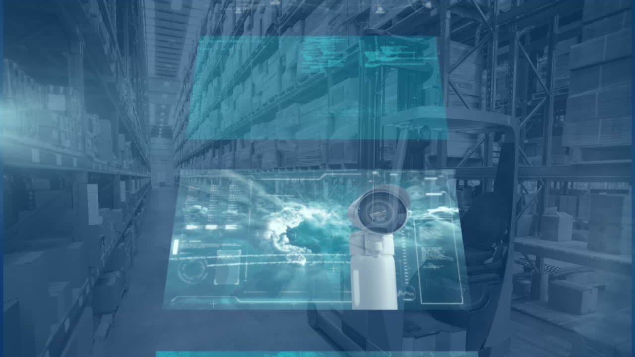 데이터 처리 및 연결의 애니메이션 스크린에 포크 리프트 창고에서