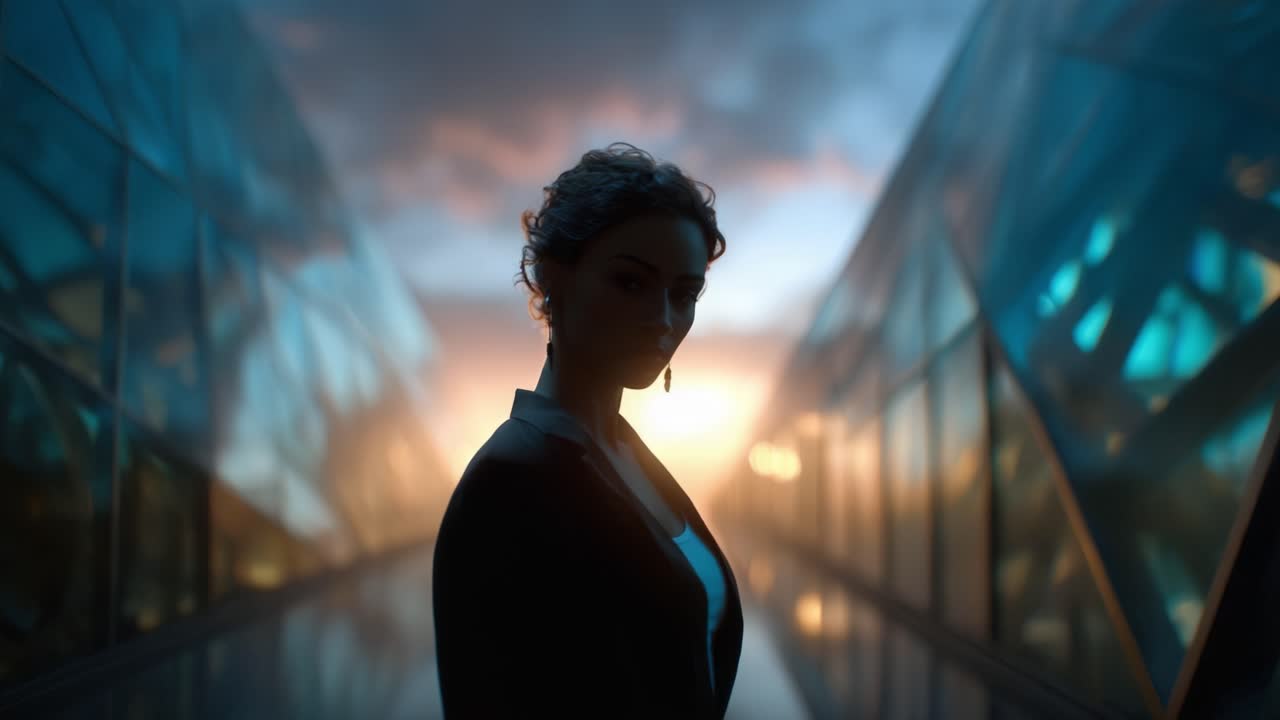 Silhouette of a Woman in a Modern Architectural Environment at Sunset, Capturing Emotions in a Moment of Reflection and Contemplation