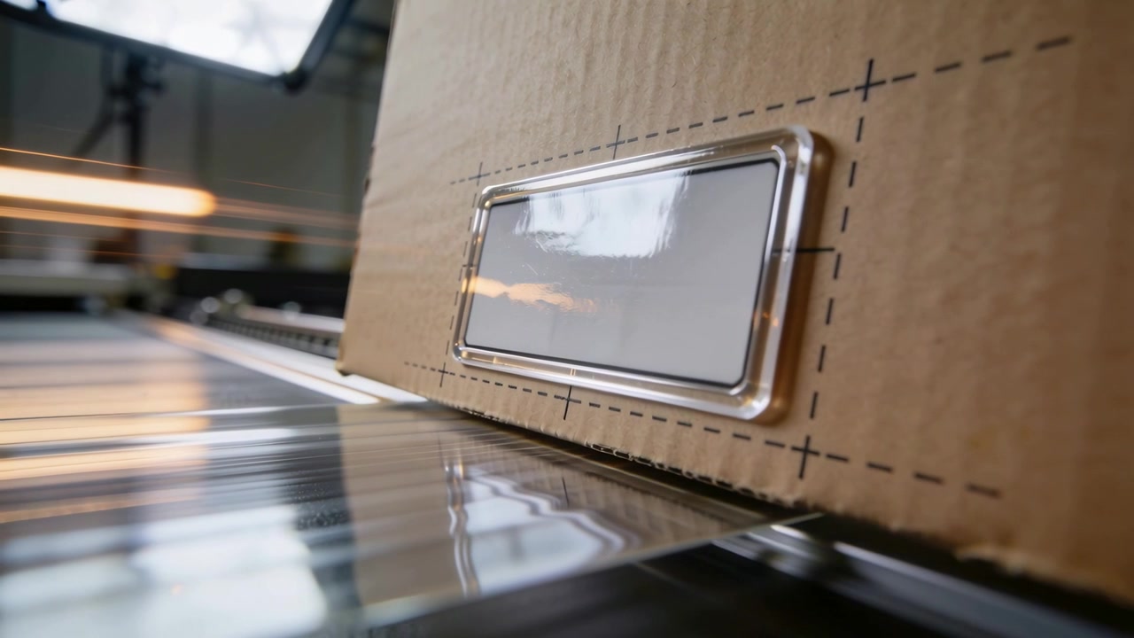 Conveyor starting, carton with blister rolling on factory rollers showing white label dashed guides