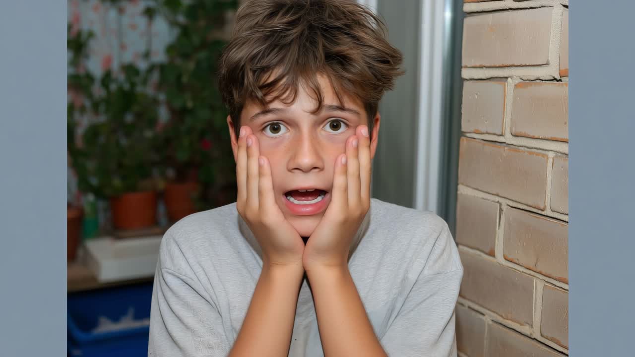 Young boy displays a range of emotions, holding his face in surprise and concern, surrounded by a warm indoor atmosphere with greenery and soft lighting