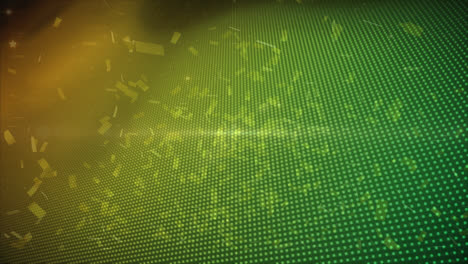 animación de confeti y copos de nieve sobre puntos verdes sobre un fondo negro