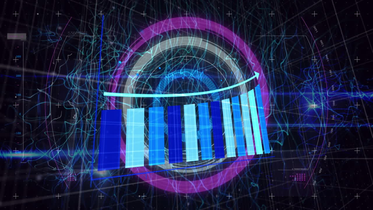 Digital data processing animation with colorful bars and abstract lines