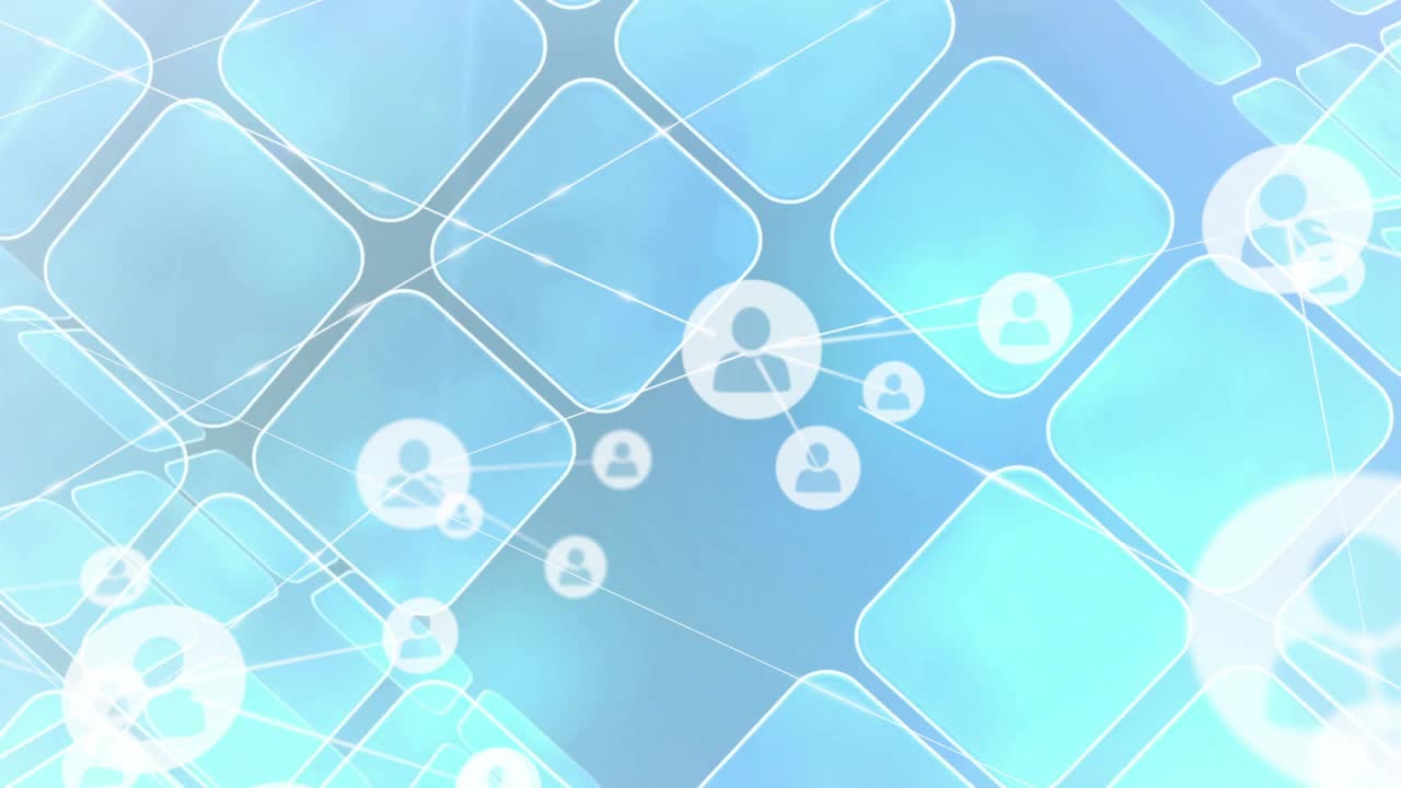 Opening teal grid emerging with flaring light as user icons linking into rotating network expanding