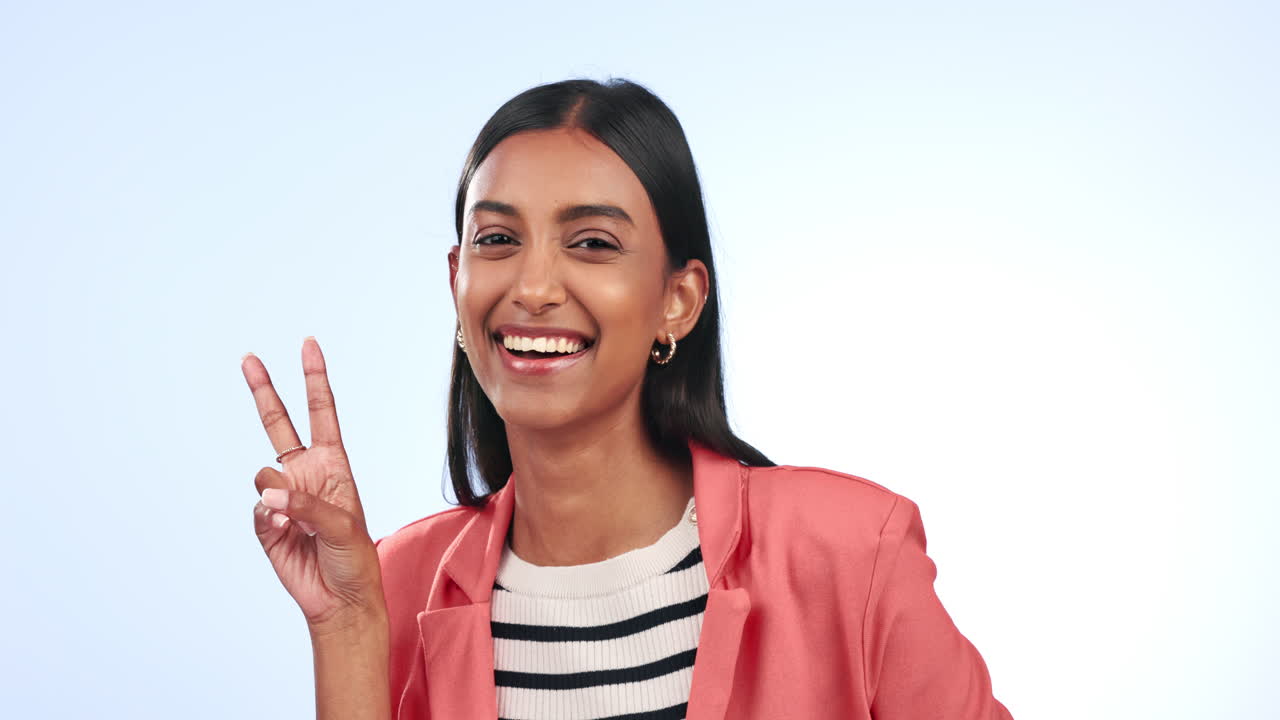 Face, happy woman and peace in studio for sign