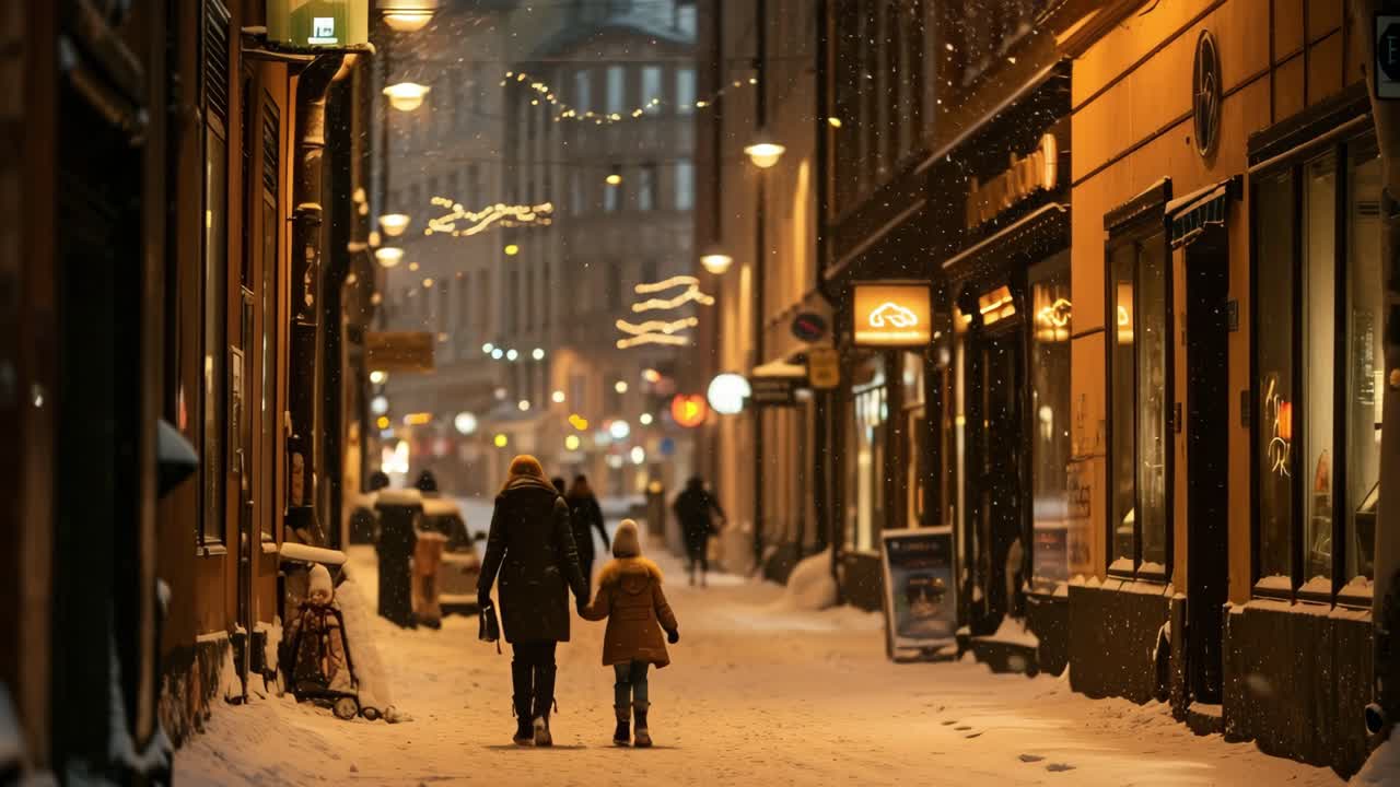 Mother and daughter holding hands are walking down a snowy street at night, passing by illuminated shops and buildings, creating a warm and inviting winter atmosphere