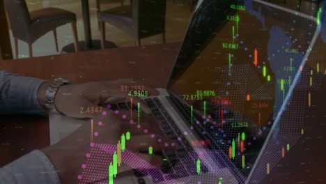 animación del procesamiento de estadísticas sobre un empresario que usa una computadora portátil
