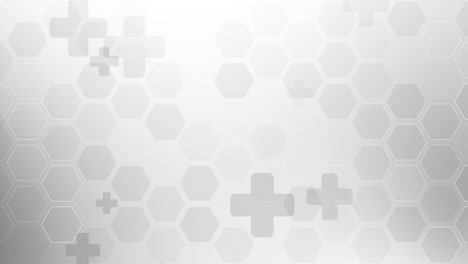 abstract medicine and science with health, medical and healthcare grey background. grid of hexagons and animated crosses. looped motion graphics.