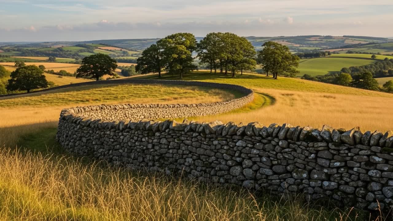 Breathtaking Countryside Landscape with a Curved Stone Wall and Lush Green Pastures Under a Serene Sky at Sunset