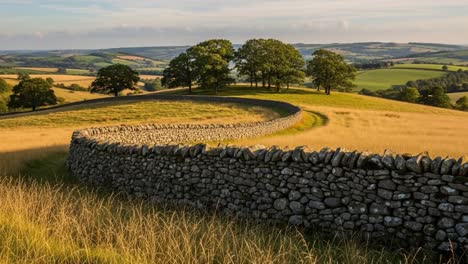 breathtaking countryside landscape with a curved stone wall and lush green pastures under a serene sky at sunset