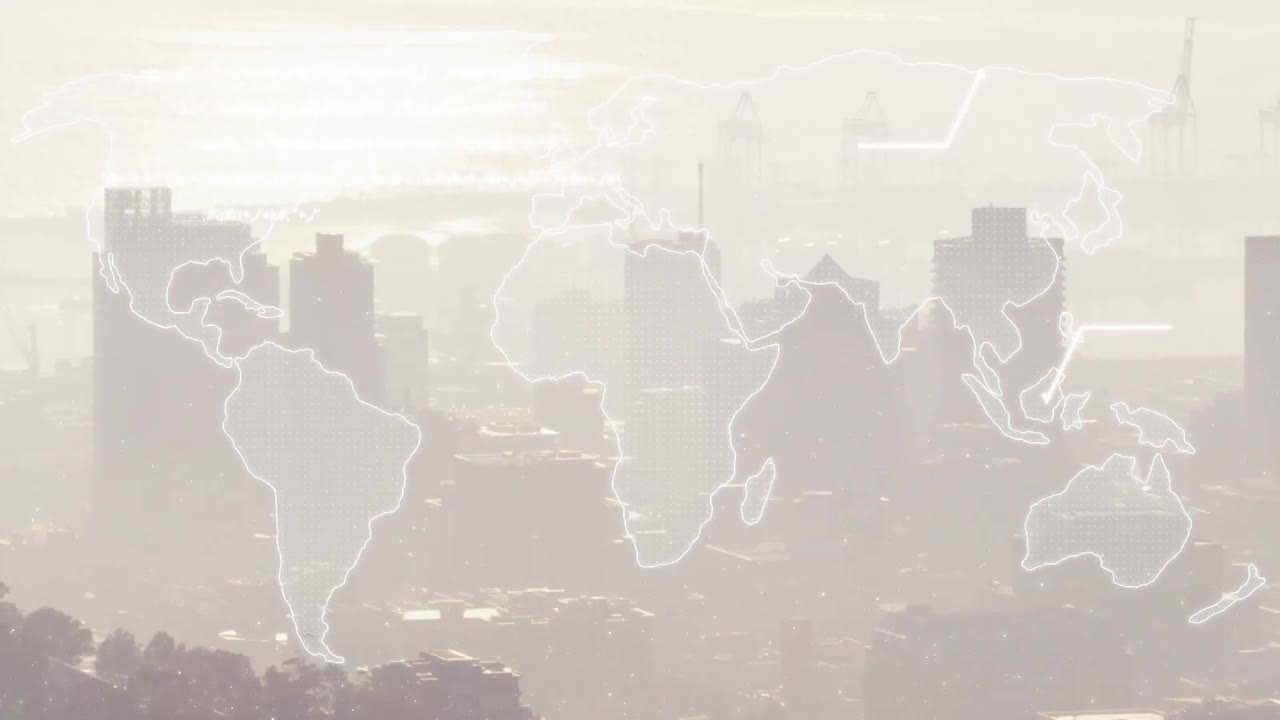 데이터 처리 및 심장 박동 모니터의 애니메이션 세계 지도에서 도시 풍경의 공중 전망에 대해