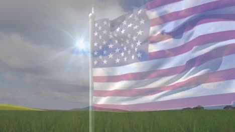 Animation-of-american-flag-blowing-with-green-field-and-flashes-in-cloudy-sky