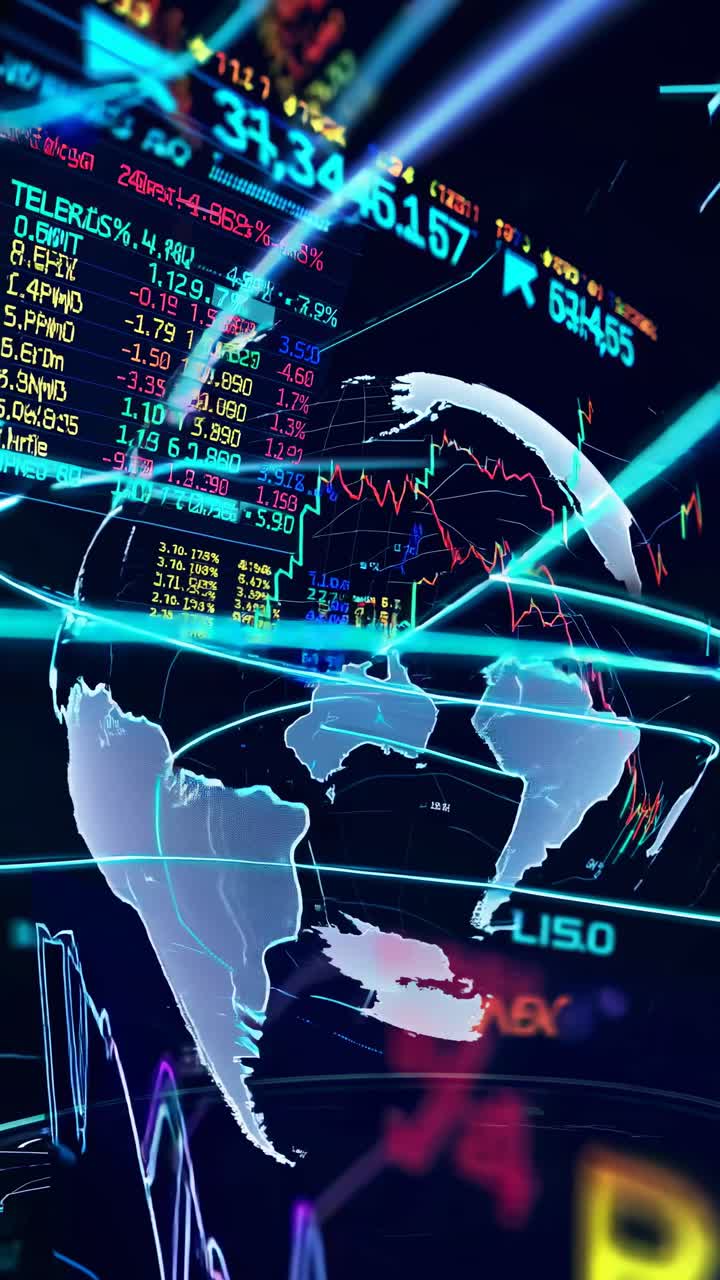 Futuristic video concept of a digital globe with glowing blue lines, viewed from a low angle