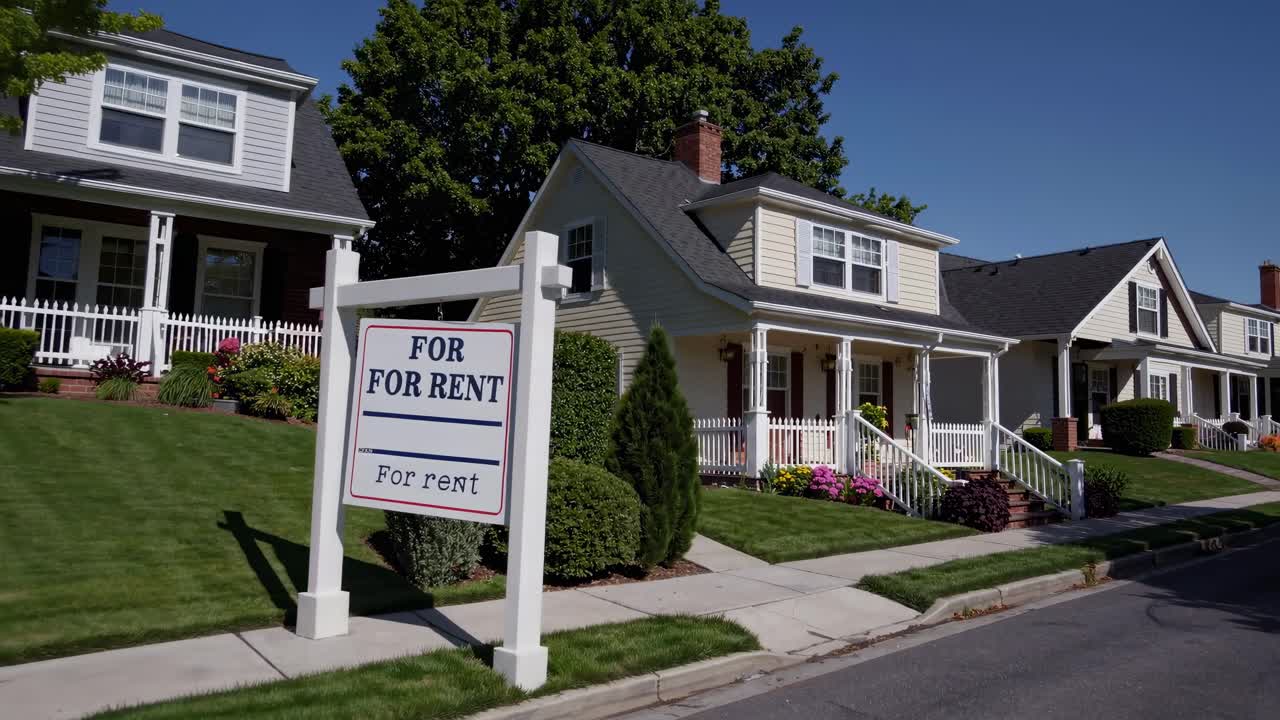 For Rent Sign in Front of a Suburban House on a Sunny Day