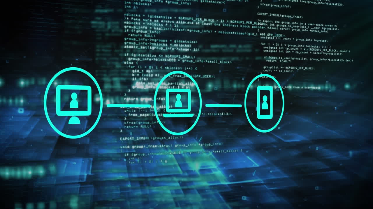 animación de iconos de medios vinculados sobre capas de datos de procesamiento en fondo oscuro
