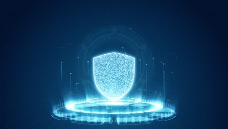 motion graphic of blue security shield logo with digital futuristic technology circle rotation and levitation particle on abstract background