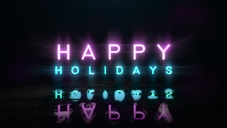 happy holidays with neon lights on street in cyberpunk city