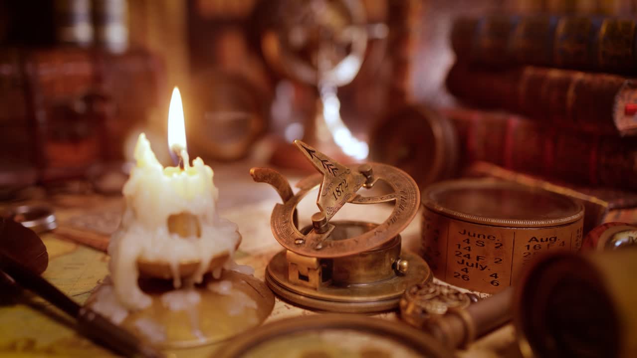 Vintage style travel and adventure. Vintage old compass and other vintage items on the table.