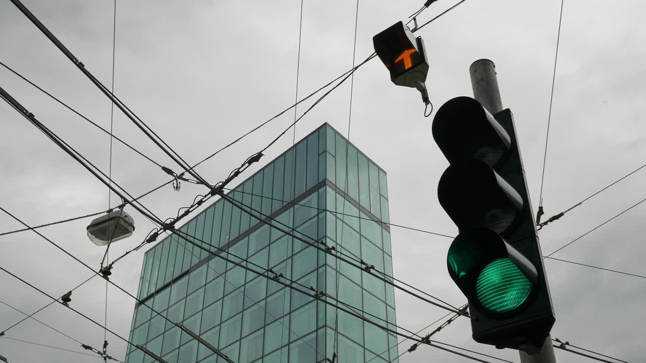 cloudy day salzburg city train station modern building traffic light panorama 4k austria