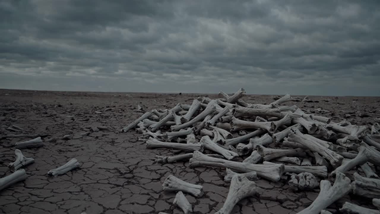 A low-angle video shot of scattered animal bones on cracked earth under a cloudy sky