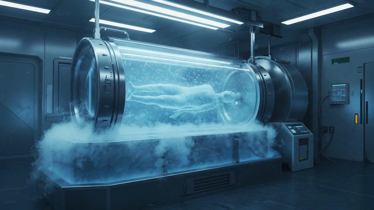 Enigmatic Capsule: Exploring the Mysterious World of Cryogenic Preservation and Futuristic Technology in a High-Tech Facility