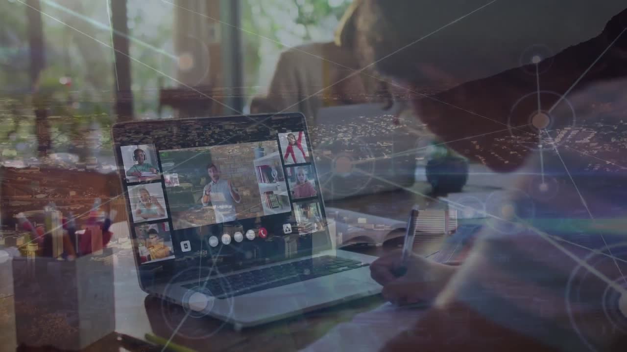 Animation of network of connections over biracial girl having online lessons on laptop