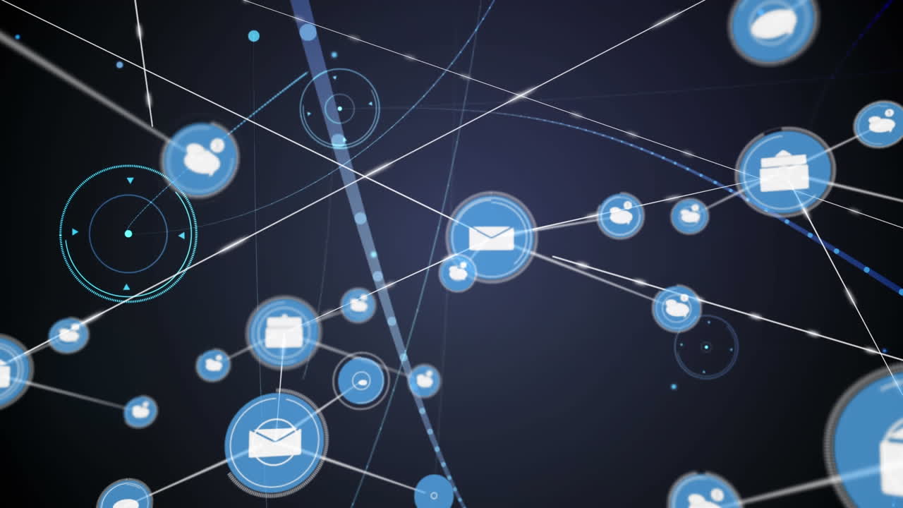 Animazione di rete di connessioni con icone su luci luminose su sfondo scuro