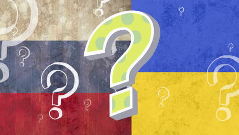 animación de signos de interrogación flotando sobre la bandera de rusia y ucrania
