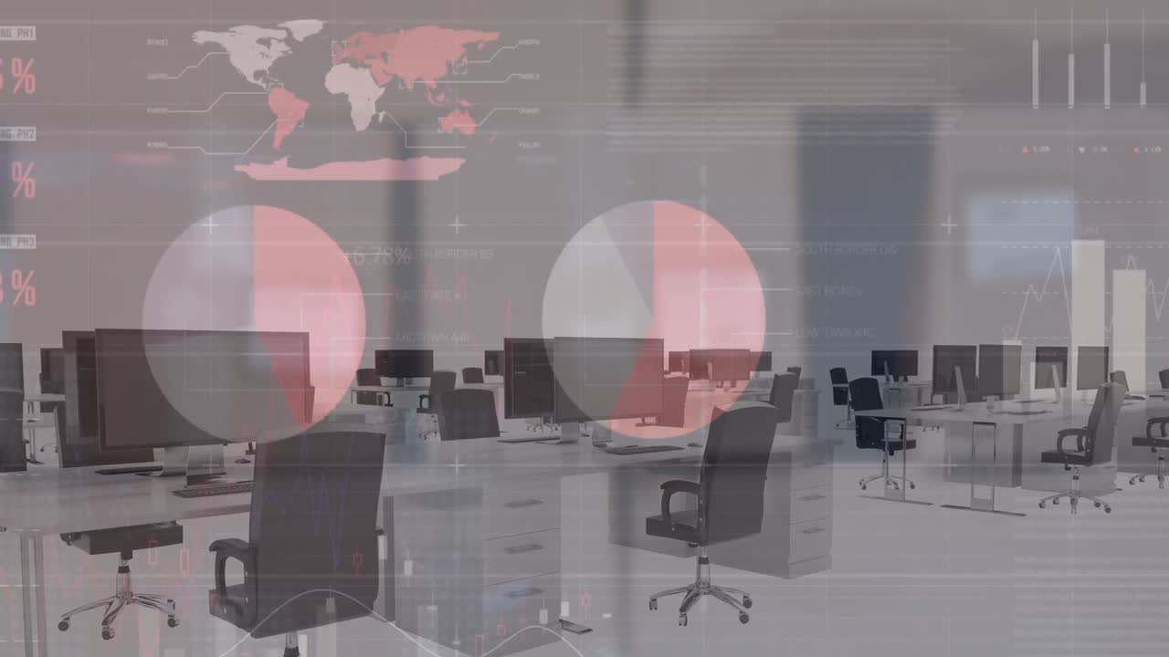 анимация обработки финансовых данных на офисных столах с компьютерами