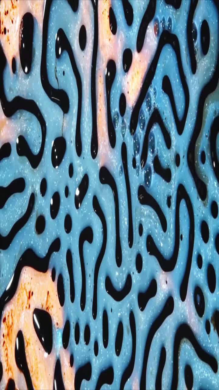 Liquido nero astratto che forma motivi organici su una superficie blu