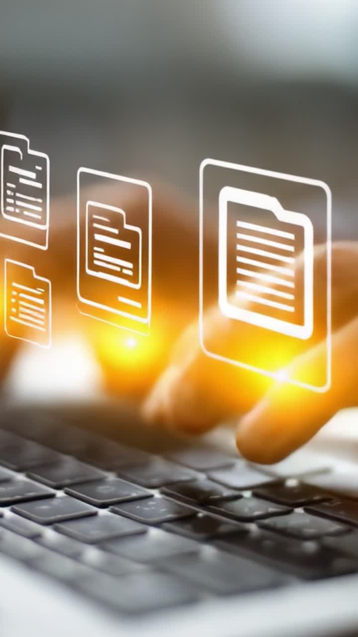 Digital Interaction with Data Files: A Close-Up View of Hands Typing on a Laptop Keyboard Enveloped in a Virtual Environment of Document Icons
